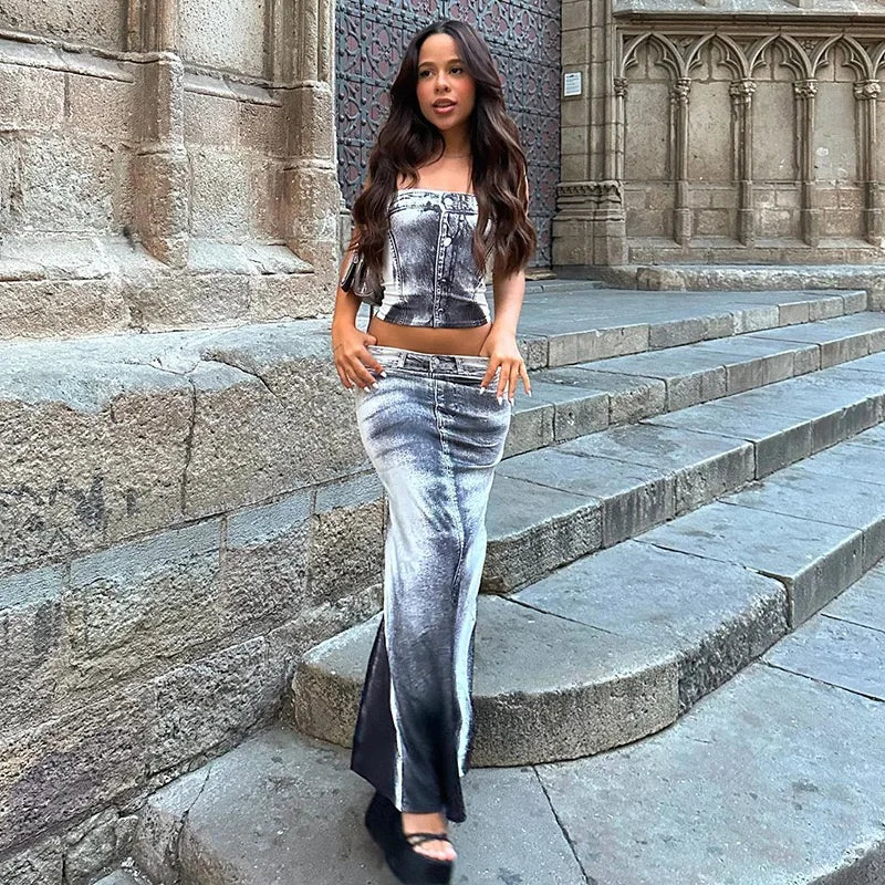 Aiertu  -  Strapless Slim Fit Crop Top, Fashion Camisole, Hip Split Maxi Skirt, Sexy Two Piece Set, Backless Streetwear, Gray Aiertu