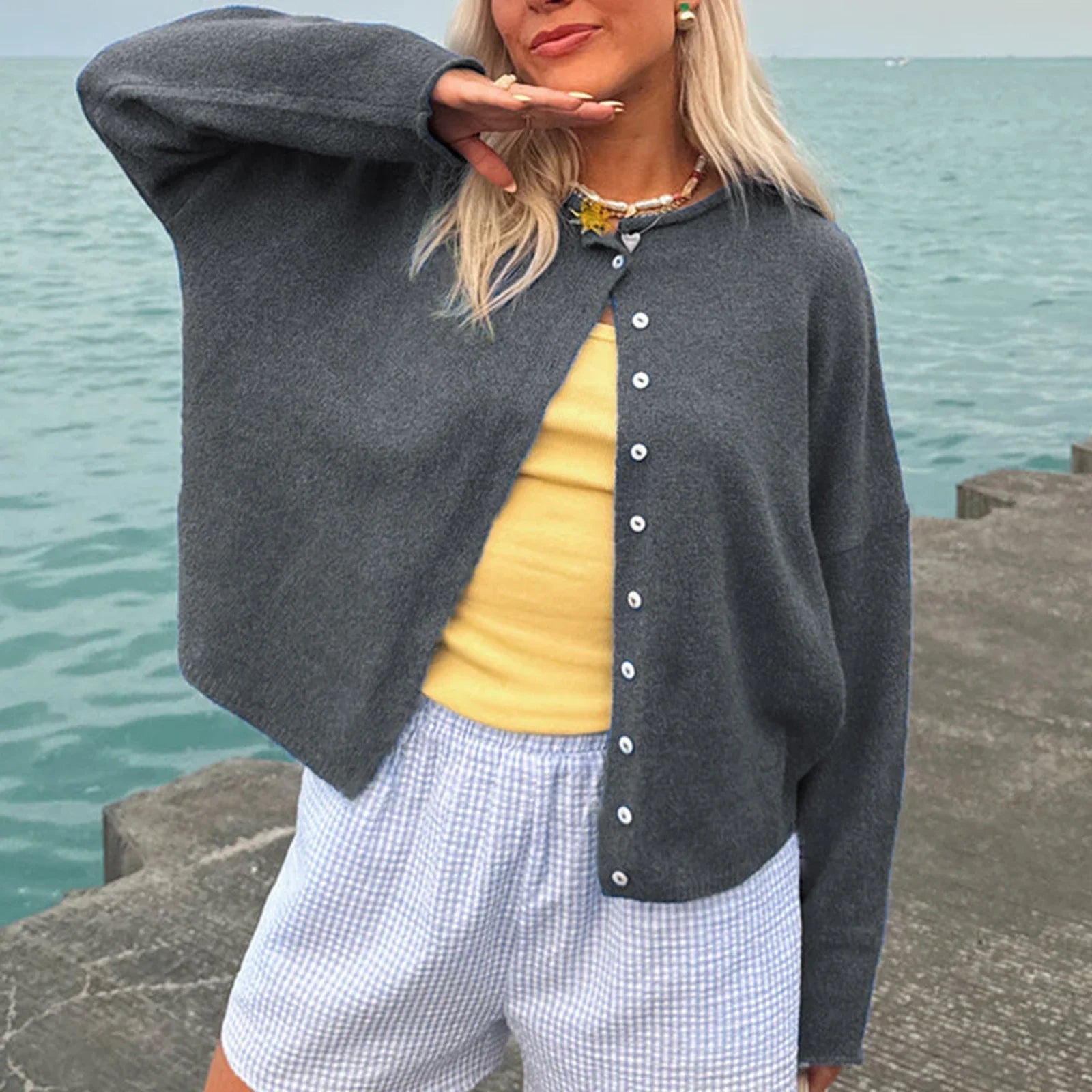 Aiertu  -  Women Casual Cardigan Sweaters Crewneck Button Down Knit Tops Going Out Lightweight Knitwear Fashion Y2K Streetwear Aiertu