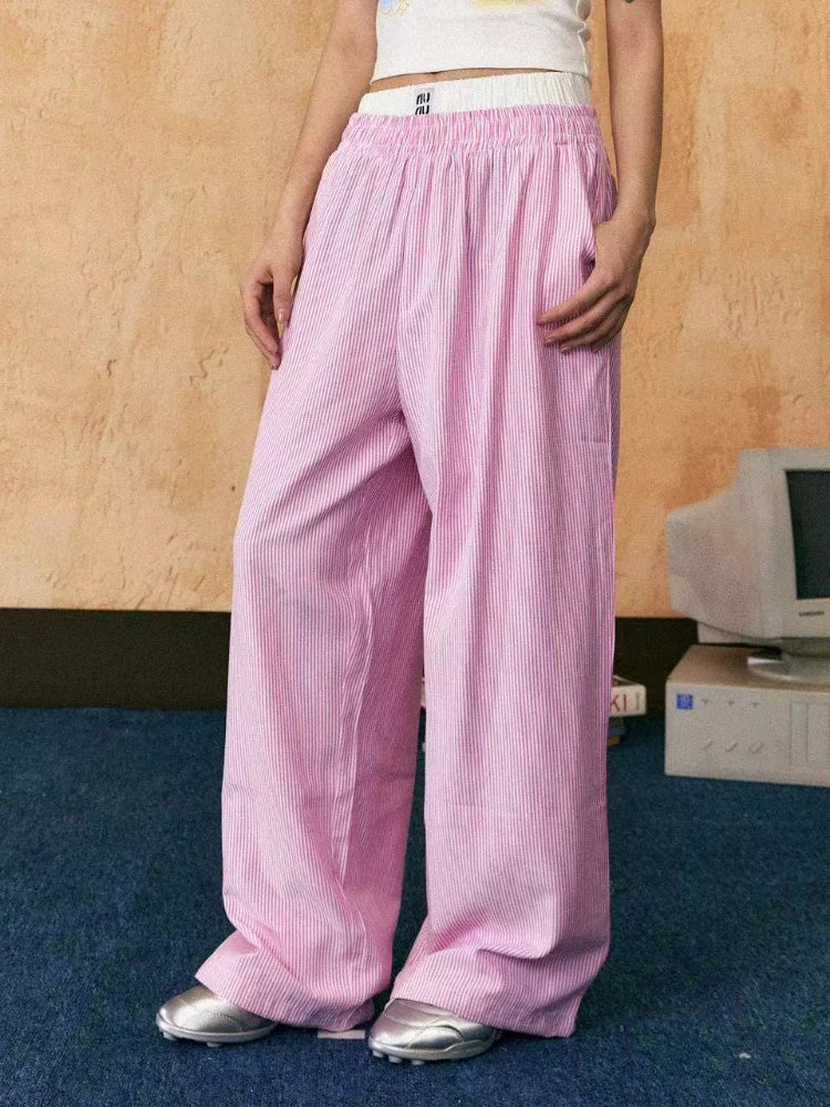 Aiertu  -  Blue Stripe Pants Women Y2k Fake Two Piece Wide Leg Sweatpants Baggy Kpop Sport Trousers Hip Hop Harajuku Summer Bottoms Aiertu