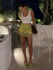 Aiertu  -  Squins Flower Bead Mini Skirt Women Straight Wide Leg High Waist Fashion Skirts A-line Lined Green Party 2025 Summer Lady Robe Aiertu