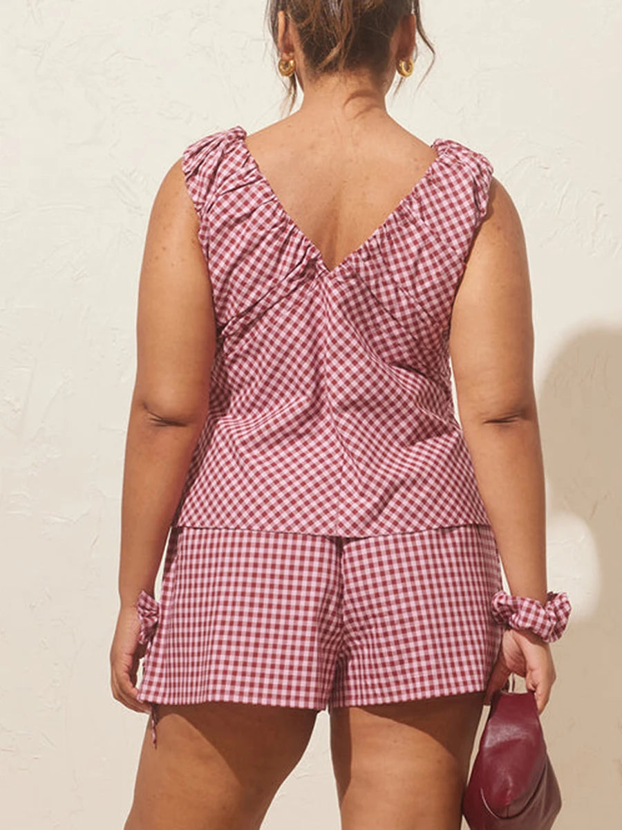 Aiertu  -  Women s Plaid Matching Set with V Neckline Off Shoulder Short Sleeve Top Bow Detail Elastic Waist Shorts and Pockets - 2 Aiertu