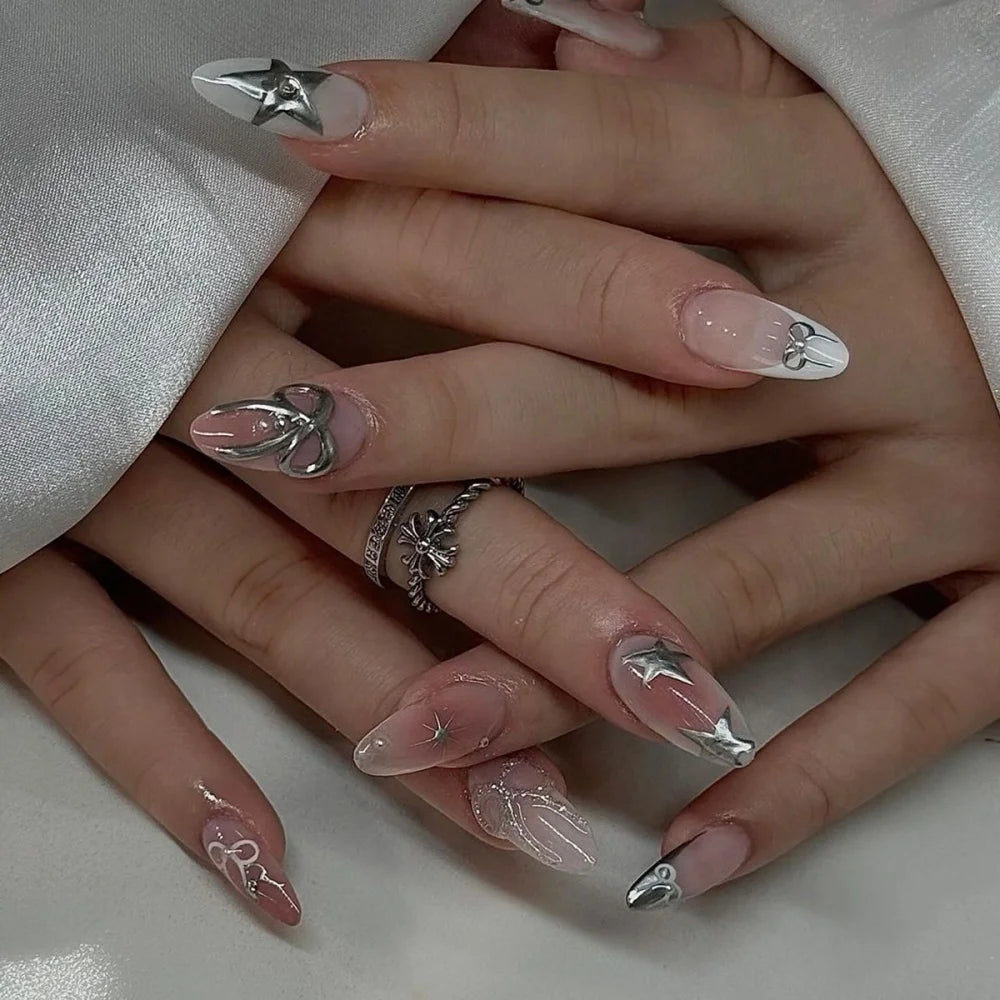 Aiertu  -  24pcs Simple Bow Fake Nails with Shiny Powder Design Long Almond False Nail Diamond Cat's Eye Full Cover Nail Tip Press on Nails Aiertu
