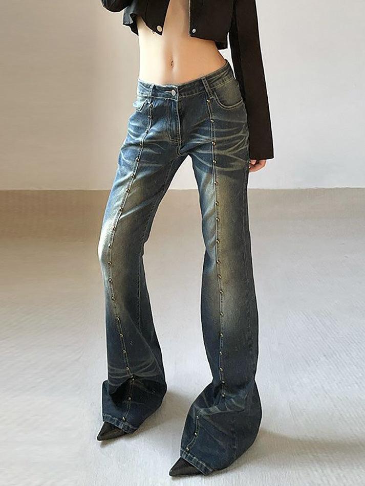 Aiertu  Low Rise Studded Slim-Fit Washed Boot-Cut Jeans Aiertu