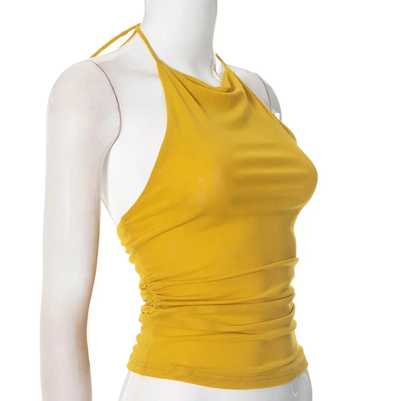 Aiertu  -  Yellow Halter Tank Tops Summer New Women Streetwear Sexy Backless Ruched Slim T-shirts Female Fashion Sleeveless Tops Tee 2025 Aiertu