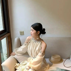 Aiertu  -   Spring New Korean Fashion Bohemian Vacation Style Slimming Shell Off Shoulder Vintage Dress Tie Dye A-line Long Dress for Women Aiertu