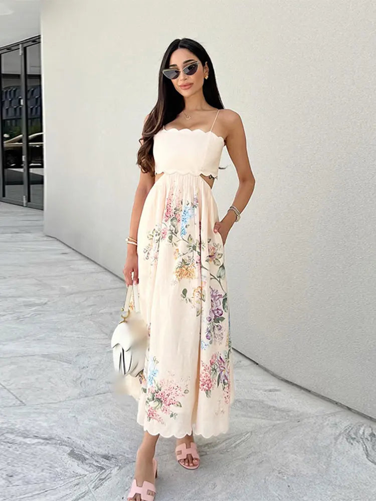 Aiertu  -  Women Flower Print Hollow Waist Sling Maxi Dresses Elegant Sexy Sleeveless Backless A Line Long Dress Fashion Ladies Party Robes Aiertu