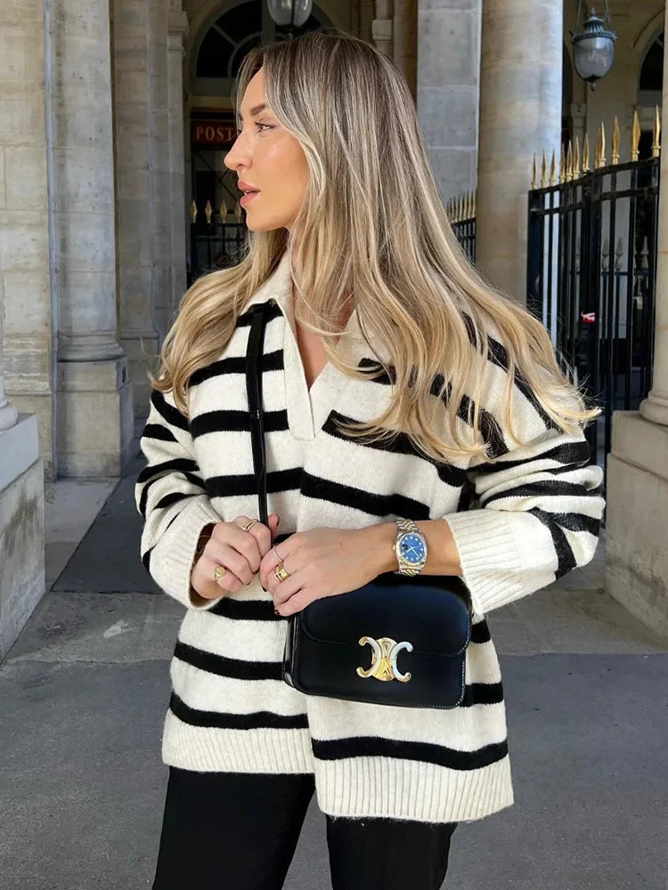 Aiertu  -  Knitted Striped Pullovers Women Casual Basic Winter Sweater Jumper Turn Down Collar Loose Vintage Sweater Sueter Mujer Aiertu