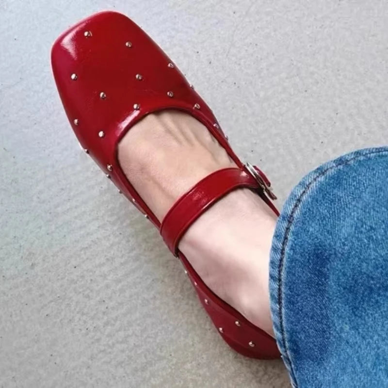 Aiertu  -   Square Toe Red Rivet Mary Jane Shoes Women Elegant Spring Autumn Flats Shoes Ladies Shallow Casual Black Loafers Footwear 2025 Aiertu