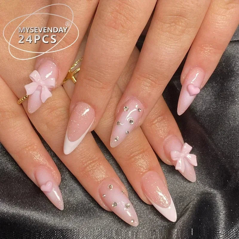 Aiertu 24Pcs Pink Almond French Press on Nails With 3D Bow ripple charms Design Fake Nails Ballerina False Nails Full Cover Nail Tips Aiertu