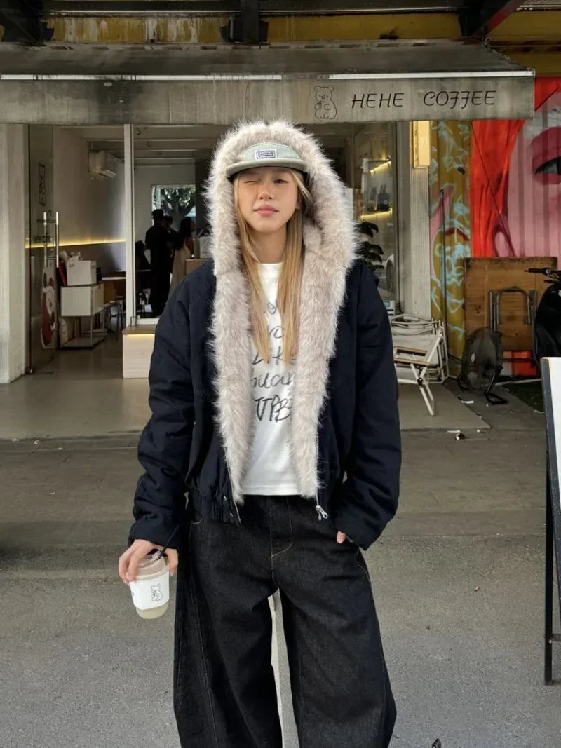 Aiertu  -  Trendy Y2K Plush Lined Hooded Solid Color Thick Coat Women's Popular Clothing Winter New Plus Velvet Thick Loose Casual Coat Aiertu