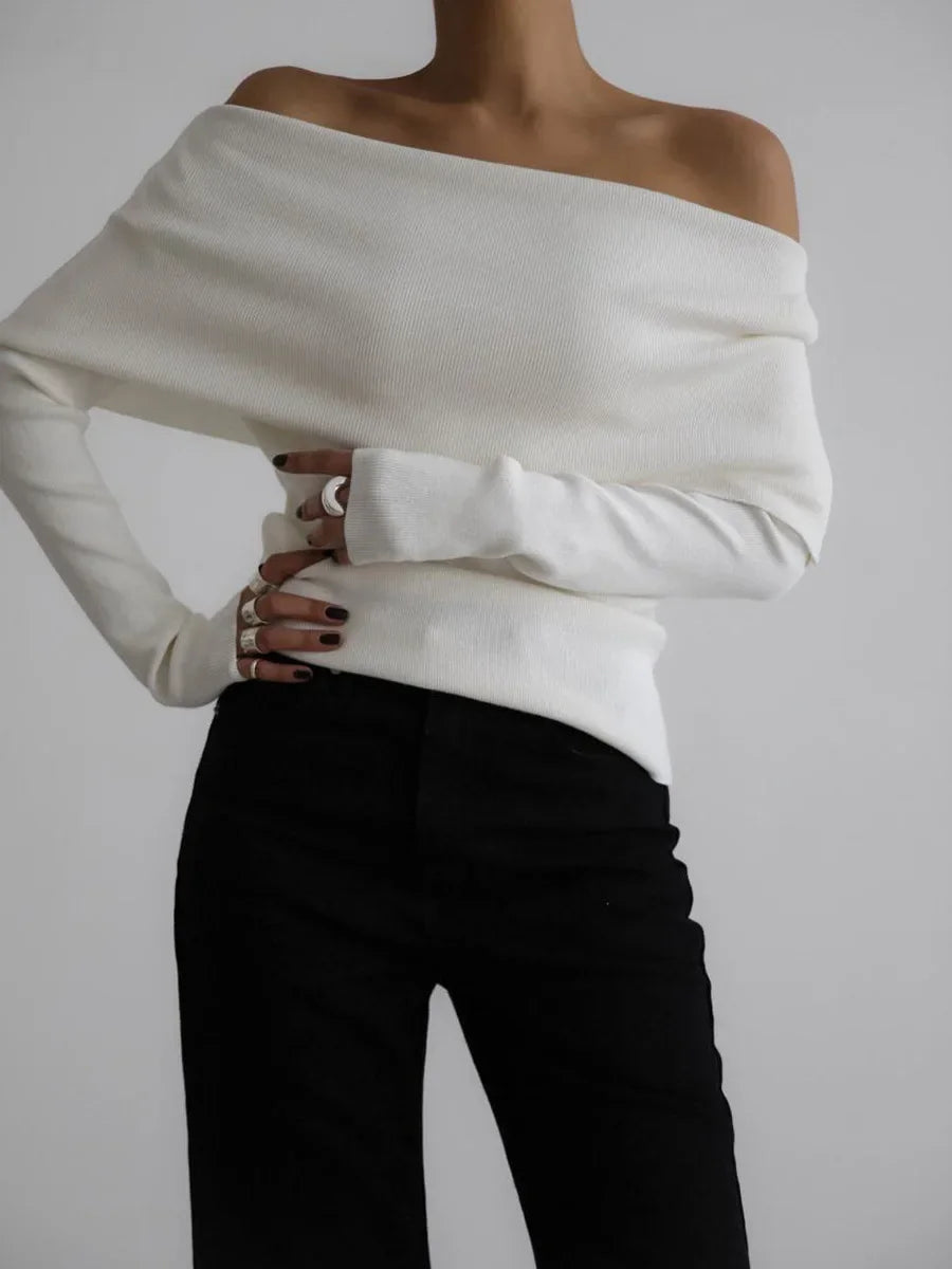 Aiertu  -  Women's Pullover Long Sleeved Knitted Base Shirt Autumn Winter Office Lady Sweater One Shoulder Sexy Slim Fit Off Shoulder Top Aiertu