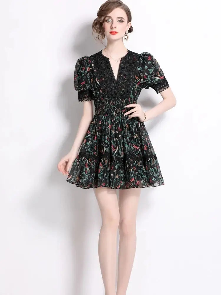 Aiertu  -  Summer Y2K Lace Trims Splice Flower Princess Short Dresses Women's Puff Sleeve V Neck Elastic Waist French Elegant Party Vestido Aiertu