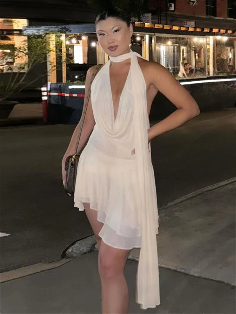 Aiertu  -  V-Neck Ruffled Backless Mini Dress Women's Bandage See-Through Sleeveless Sexy Pleated Dress Female Summer Bodycon Dress Aiertu
