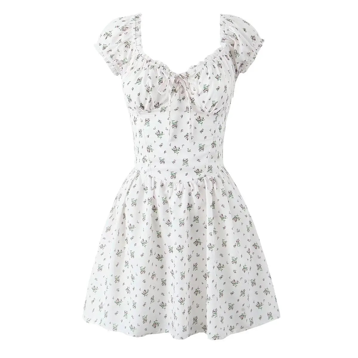 Aiertu  -  Holiday Summer Dresses 2025 Women French Style Floral Print Dress Vintage Short Sleeve V Neck A-line Mini Robe Sundress Aiertu