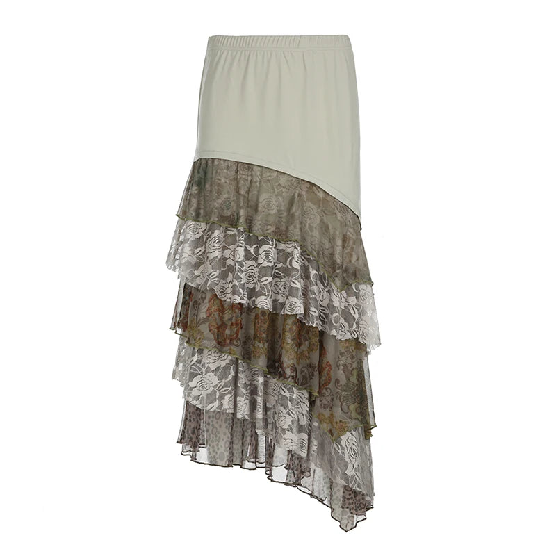 Aiertu  -   cold weather outfits Y2K Aesthetic Lace Tiered Irregular Long Skirt Women Stylish Outfits Mori Girl Style Asymmetric Skirt Vintage Lady Aiertu