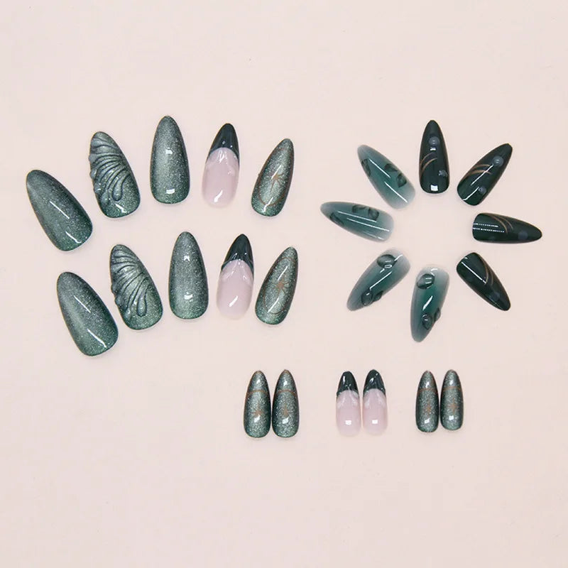 Aiertu  -  24PCS Green Cat Eye Press on Nails 3D Ripples with Stars Design French Fake Nails for Women Acrylic Patch Wearable Nail Tips Art Aiertu