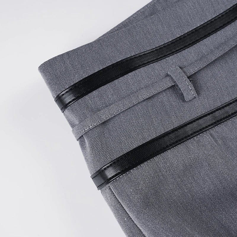 Aiertu  -  Ladies Casual Grey Flared Pants Chic Leather Striped Patchwork Low Rise Casual Pants Streetwear y2k Trouser Korean Style Aiertu