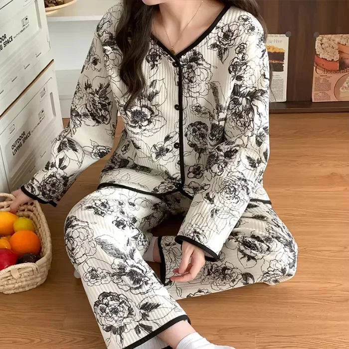 Aiertu  -  Autumn And Winter Air Sandwich Cotton Pajamas Women Cardigan Long Sleeve Trousers New Cartoon Sketch Rabbit Cute Homewear Sets Aiertu