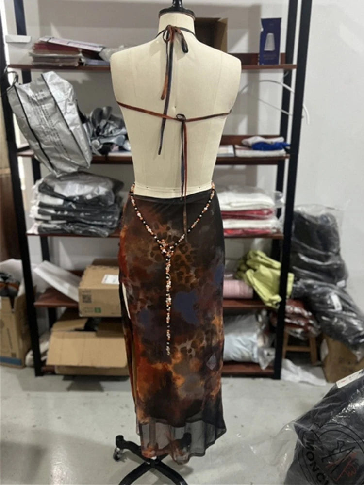 Aiertu  -  Hollow Irregular Print Pearl Chains Patchwork Maxi Dress Women Sexy See Through Lace-Up Halter Backless Fashion Vestidos Aiertu