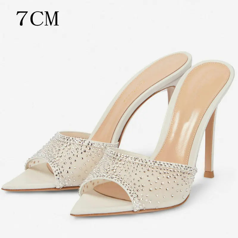Aiertu  -  European Style Fashion Stiletto Rhinester High-heeled Slippers Pointed Open-toed Slip-on Slides Aiertu