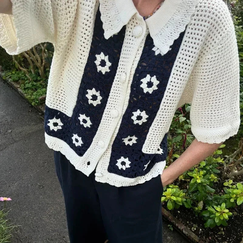 Aiertu  -  Casual Knitted Contrast Flower Cardigan Women Hollow Out Lapel Short Sleeve Single Breasted Sweater Female 2026 Autumn Lady Tops Aiertu