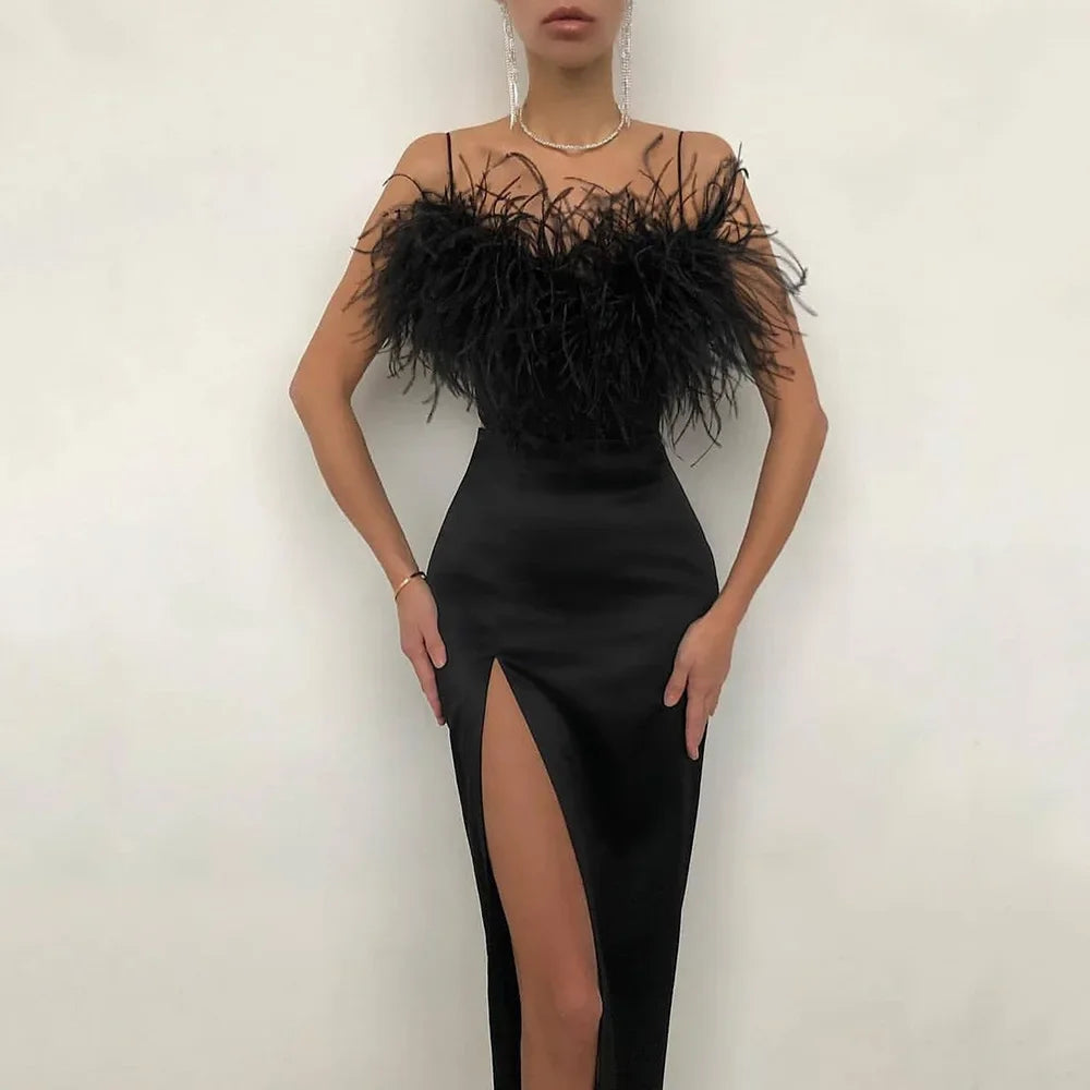 Aiertu  -  New Spring and Summer European and American Women's Dress with Feathered Halter Slim Temperament Package Arm Dress Aiertu