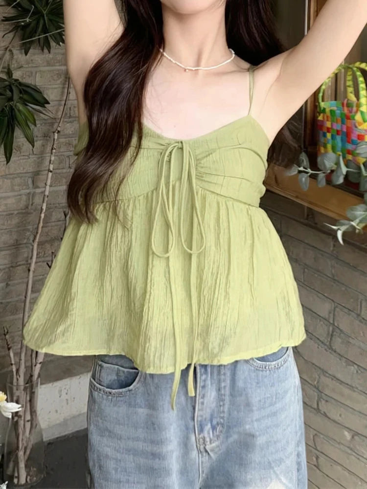 Aiertu  -  Women's Bow Tie Chiffon Suspender Vest Summer New Korean Version Sweet Loose Fitting Women Fashionable Off Shoulder Short Top Aiertu
