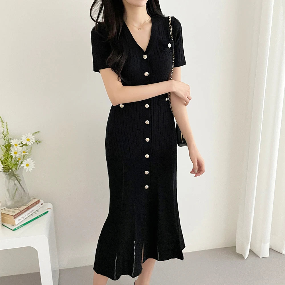 Aiertu Knitted Black Bodycon Korea Style Ruffle Ladies Short Sleeves Midi Dresses Elegant Casual V-neck Mermaid Dress for Women Summer Aiertu