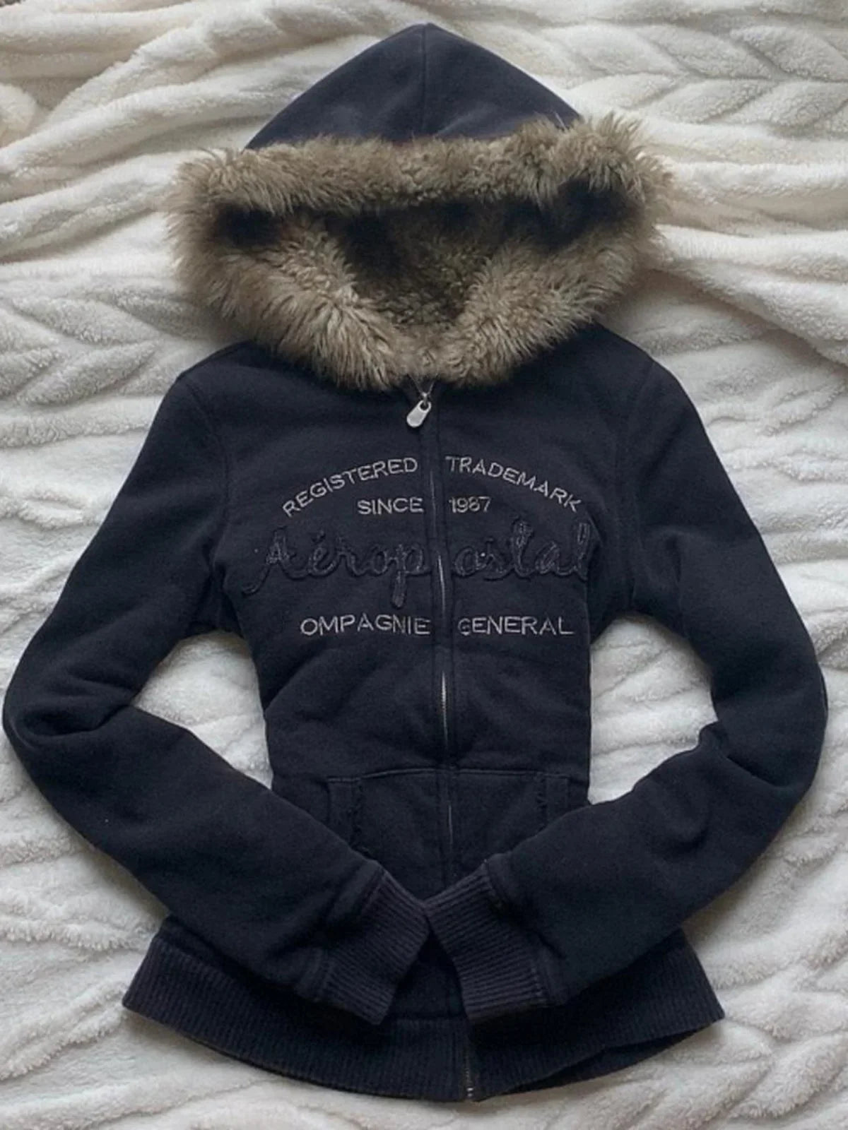 Aiertu  -  New American Retro Fur Collar Hooded Sweatshirt Street Trend Plus Velvet Winter Letter Zipper Sweatshirt Sweatshirt hoodies Aiertu