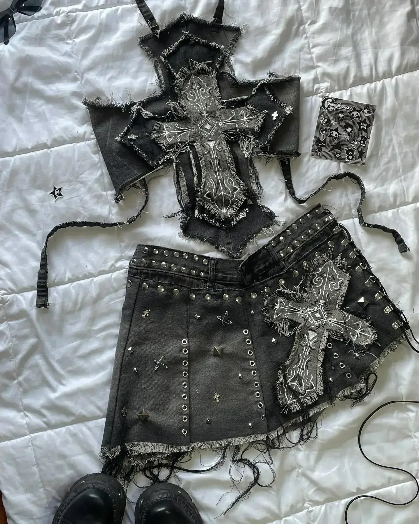 Aiertu  -  Y2K Sexy Mini Skirt Denim Tie Cross Bow Bandage Cape+denim Two-piece Zipper Strapless Tube Top Streetwear Set Aiertu