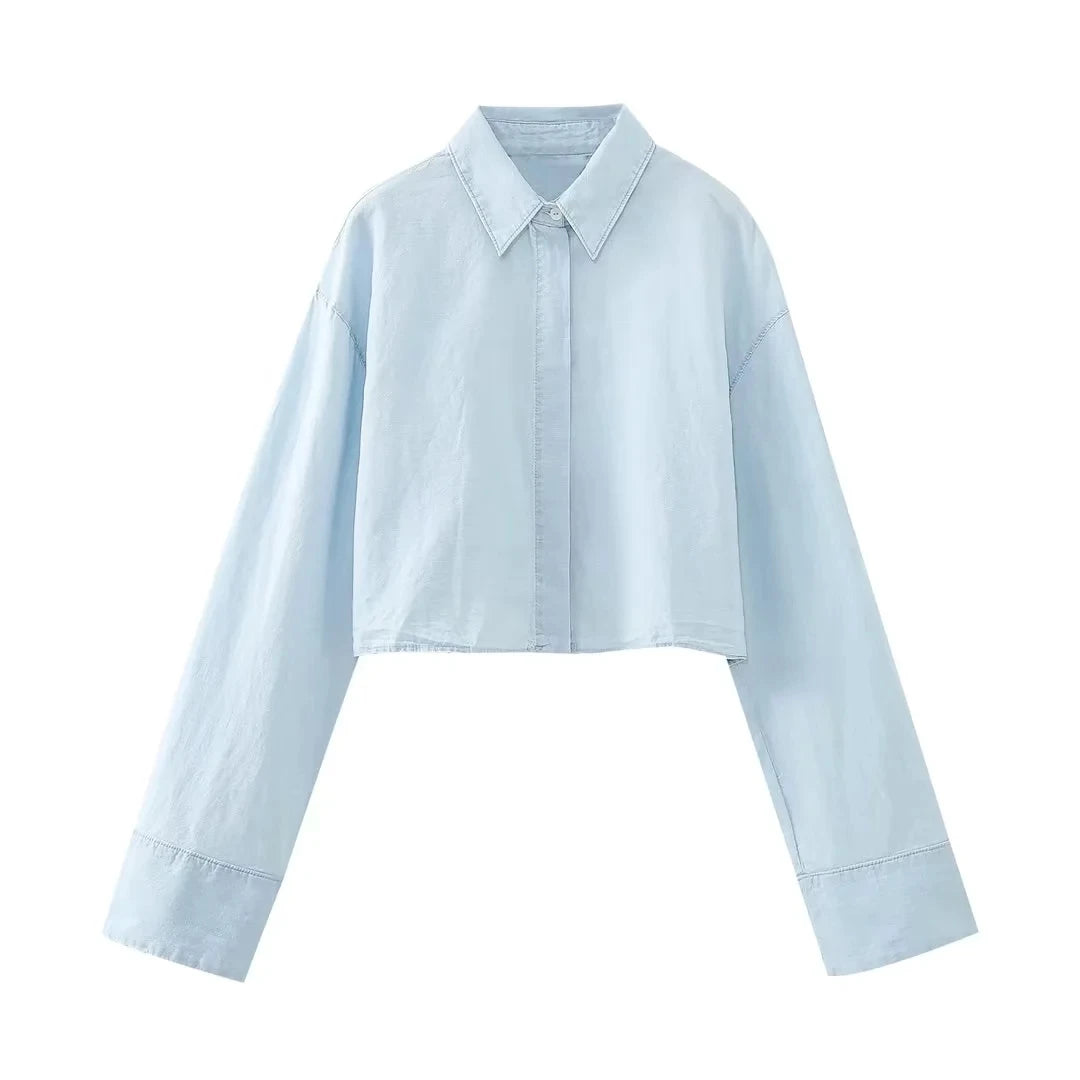 Aiertu  -  Single Breasted Sky Blue Short Shirt Women Long Sleeve Turn Down Collar Cotton Crop Top Blusa Mujer New Autumn Spring Aiertu