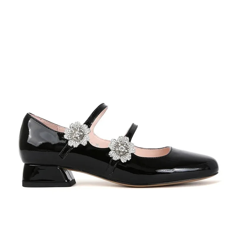 Aiertu  -  Chunky Heels Women Mary Jane Shoes Bling Rhinstones Elegant Patent Leather Party Wedding Ladies Pumps Autumn Lolita Footwear Aiertu