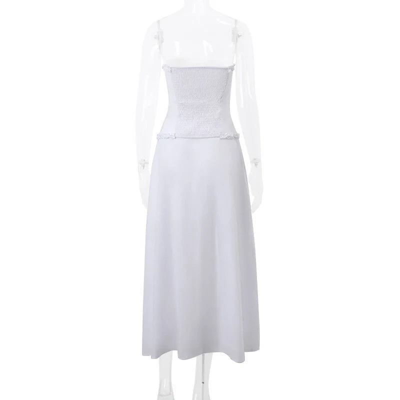 Aiertu  Elegant Strapless Lace Ruffles Off Shoulder Tank Top With White Long Skirt Aesthetic Gentle Slim Women 2 Piece Set Aiertu