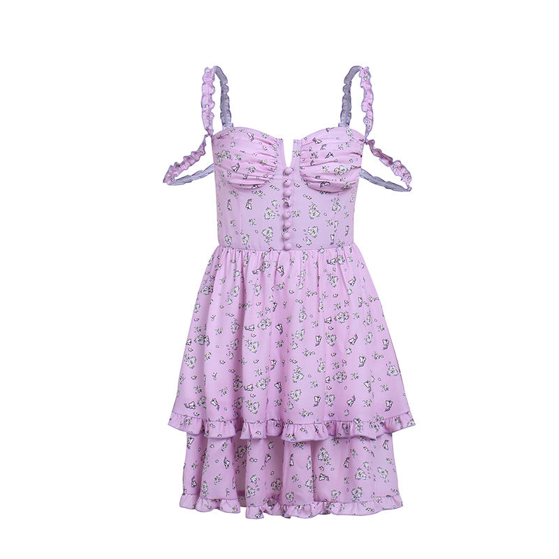 Aiertu - Double Small Smocked Floral Strap Princess Dress Aiertu