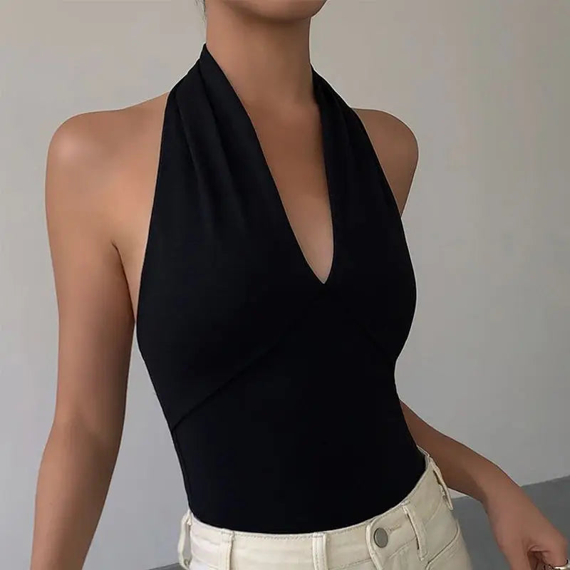 Aiertu  -   Summer Hot Girls New Summer Women Vest Tops Halter Neck Sleeveless Slim Sexy Camisole Tanks Deep V-neck Mature Black Vests Aiertu