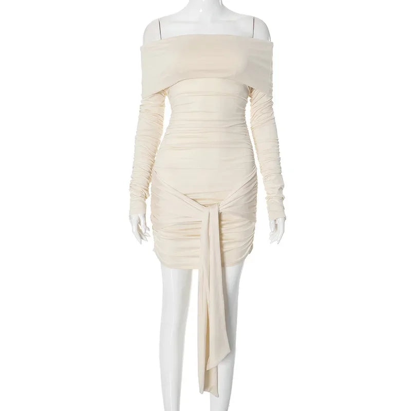 Aiertu  -  One-Shoulder Pleated Bandage Mini Dress Female Sexy Bodycon Long Sleeve Autumn Fashion Autumn Party Club Dresses Female Aiertu