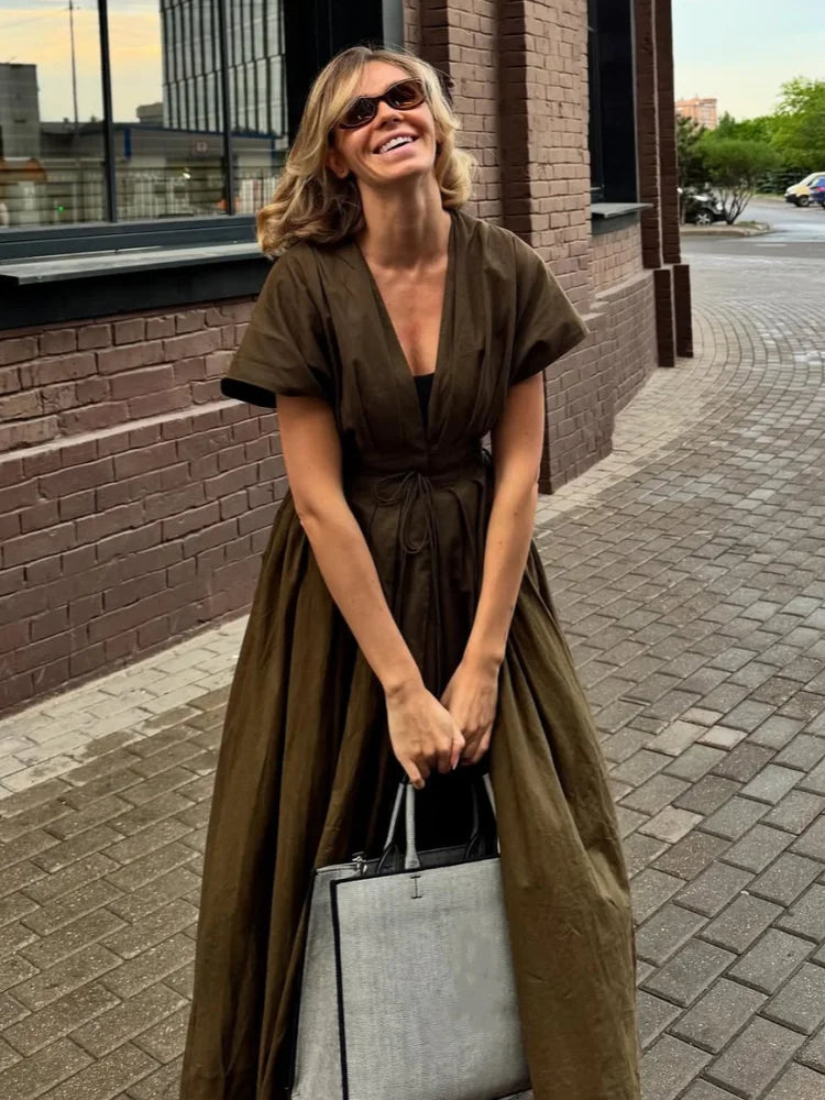 Aiertu  -  Lace Up Waist Cinched Dress Flying Sleeve Solid Color V Neck Pleated Slimming Workwear Women Strap Long Dresses Casual Robes New Aiertu