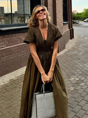 Aiertu  -  Lace Up Waist Cinched Dress Flying Sleeve Solid Color V Neck Pleated Slimming Workwear Women Strap Long Dresses Casual Robes New Aiertu