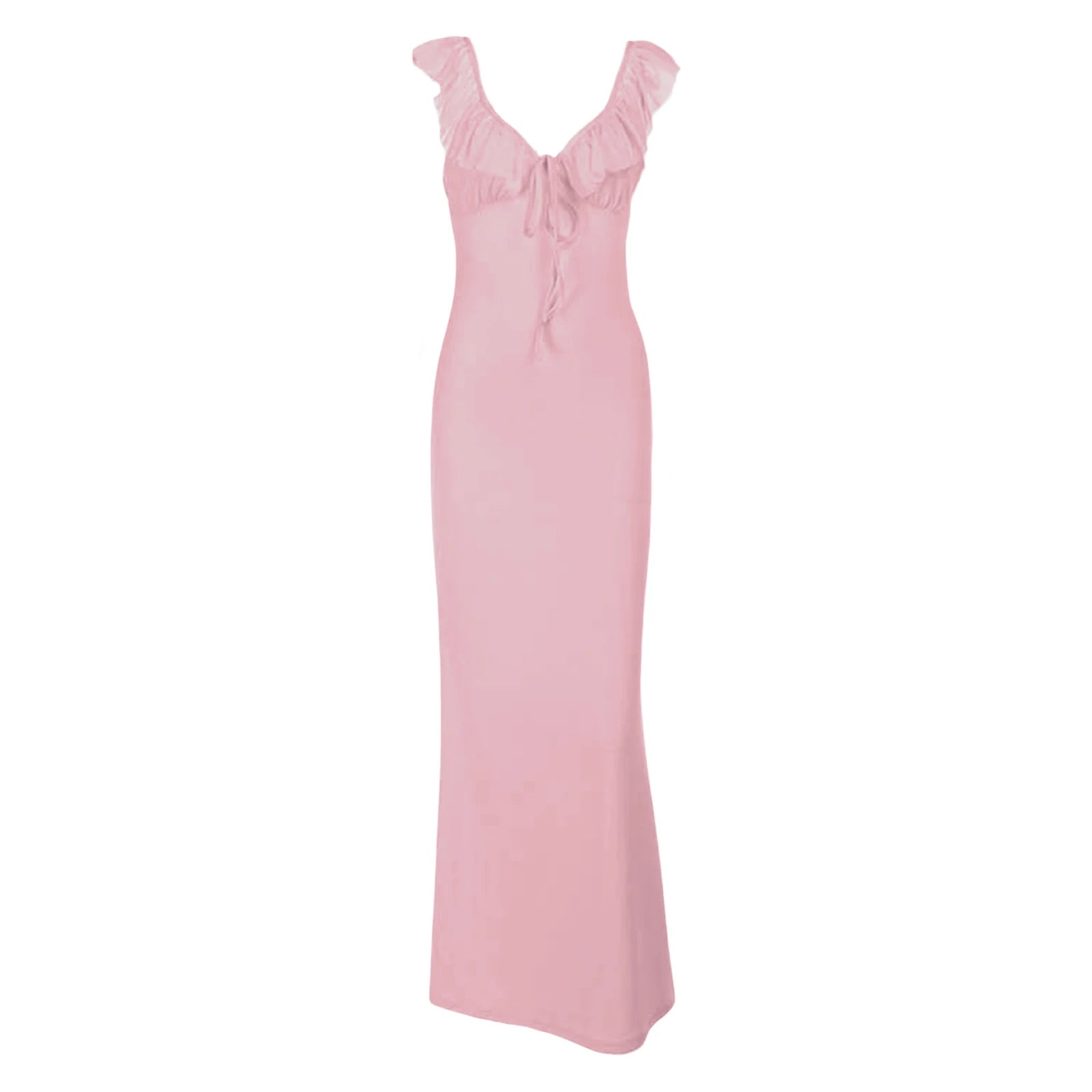 Aiertu  -  Women Ruffle Trim Cami Dress Slim Solid Color Deep V Neck Open Back Tie Long Evening Dress for Party Clubwear Aiertu