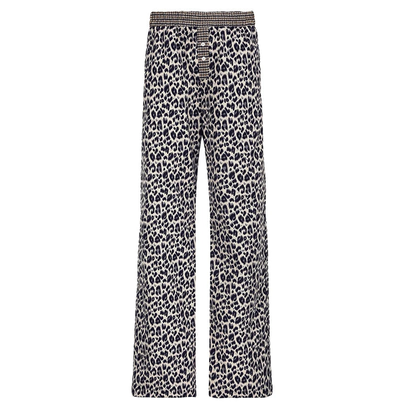 Aiertu  Leopard Print Patchwork Straight Pants Elastic Waist Fashion Harajuku Trousers Aesthetic 2000s Casual Baggy Bottom Aiertu