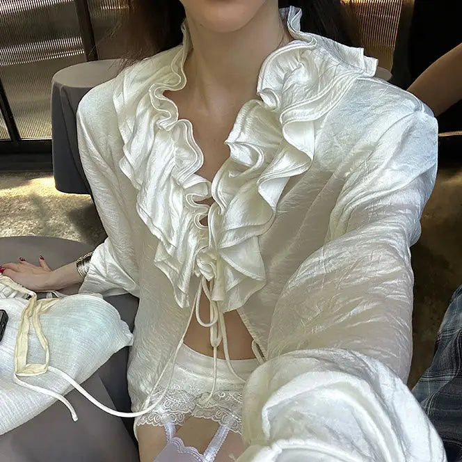 Aiertu  -  V Neck Ruffled Streetwear Oversized Women Sexy Bandage Solid Vintage Blouse Harajuku Tops Y2k Aesthetic Pleated Autumn Shirt Aiertu