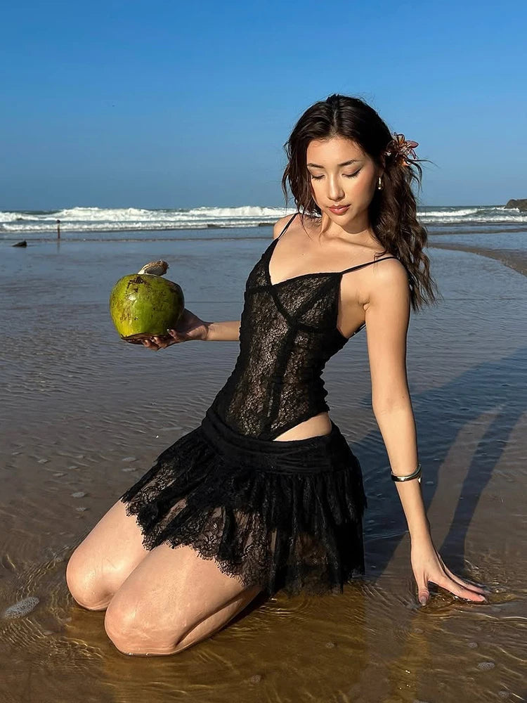 Aiertu  -  Sexy Lace Two-Piece Set Women See Through Sleeveless Bodysuit+Patchwork Mini Skirt Midnight Beach Party Matching Suit Aiertu