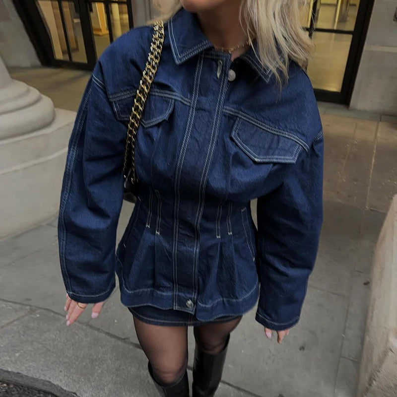 Aiertu  -  Vintage Blue Denim Women's Shirts Slim Lapel Long Sleeve Waist Up Zipper Button Jacket Fashion High Street Female Commuting Tops Aiertu