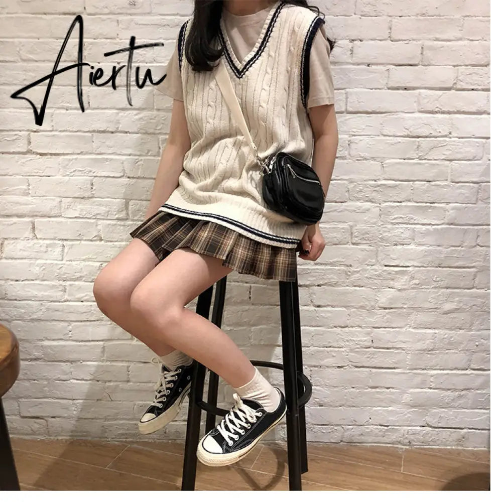 3 colors autumn and winter preppy style v neck knitted sleeveless vest sweaters womens pullovers womens (X973) Aiertu