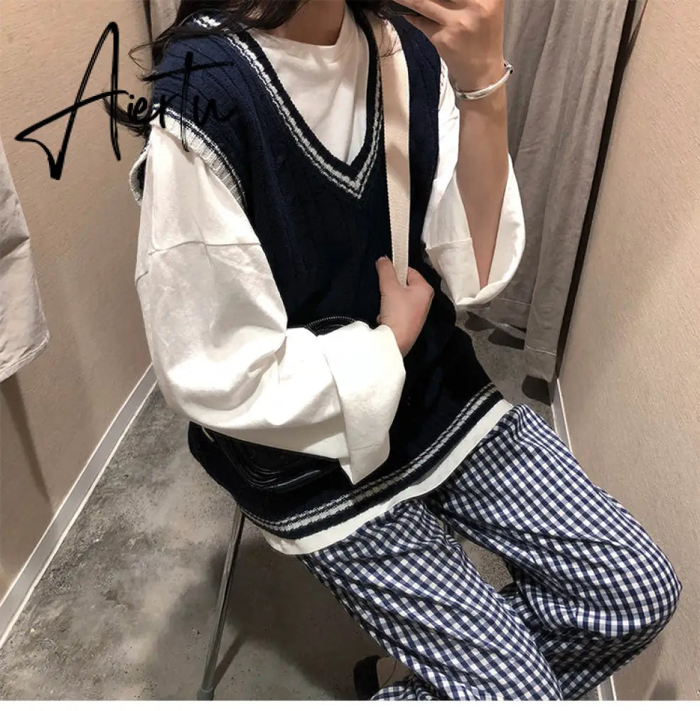 3 colors autumn and winter preppy style v neck knitted sleeveless vest sweaters womens pullovers womens (X973) Aiertu