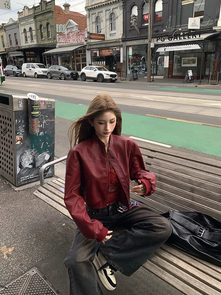 Aiertu  -  Vintage Red Women Faux Leather Jackets Zipper Chic Long Sleeve Casual Cropped Coat New High Street Fashion Outerwear Aiertu