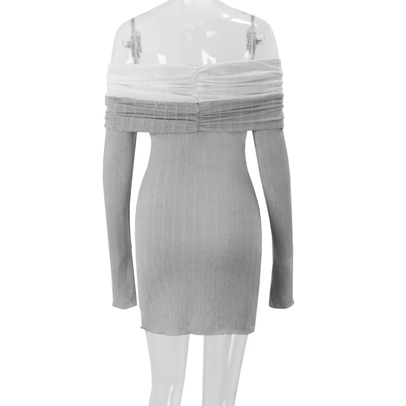 Aiertu  -  Sexy One-Shoulder Color Block Knitted Dress Female Long-Sleeved Slim Thin Sweater Mini Dress Backless Party Club Outfits Aiertu