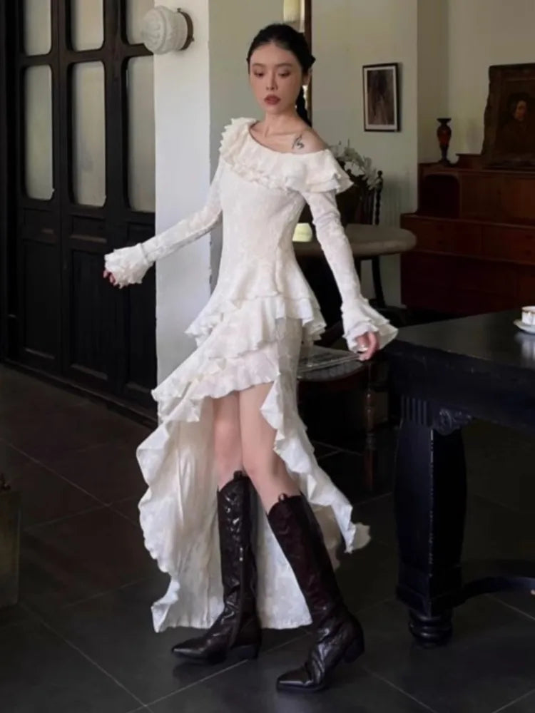 Aiertu  -  Y2K Sexy Solid Jacquard Party Dress for Women Layered Ruffles Slim Irregular Dresses Autumn Prom Robe Wedding Vestidos Mujer New Aiertu