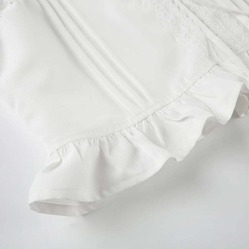Aiertu  -  Holiday Solid Lace Trim Split T Shirt Casual Slim Bandage Deep V-Neck Short Puff Sleeve Tees Women Summer Streetwear Aiertu