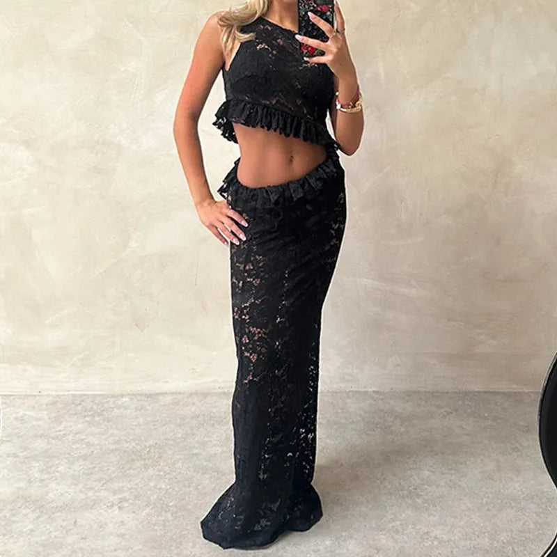 Aiertu  -  Women Sexy Hottie Sleeveless Party Dress 2026 Elegant Lace Fringe Ruffle Slim Dress Fashion O-Neck Hollow Out Solid Long Dresses Aiertu